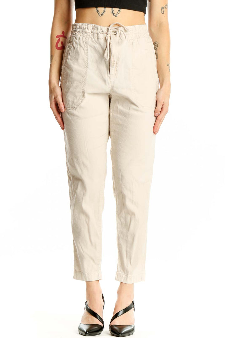 Front view of Lou & Grey beige linen blend drawstring pants