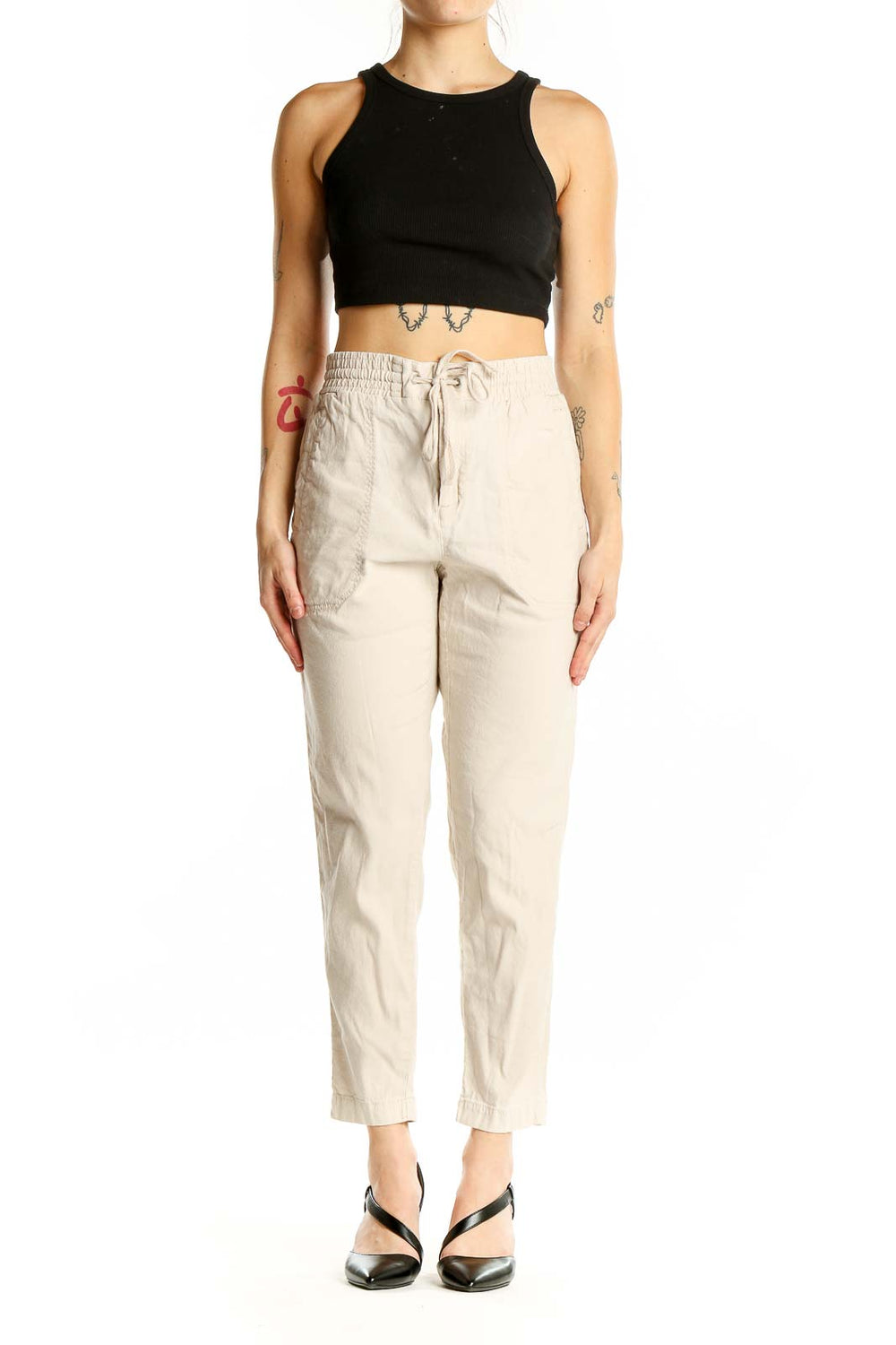 Front view of Lou & Grey beige linen blend drawstring pants