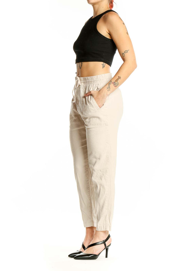 Front view of Lou & Grey beige linen blend drawstring pants