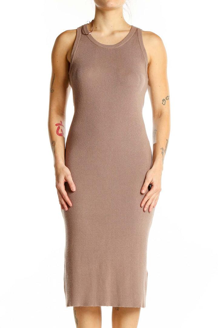 Front view of Rachel Zoe taupe ribbed bodycon midi dress