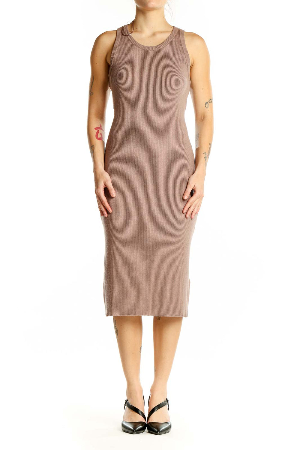 Front view of Rachel Zoe taupe ribbed bodycon midi dress