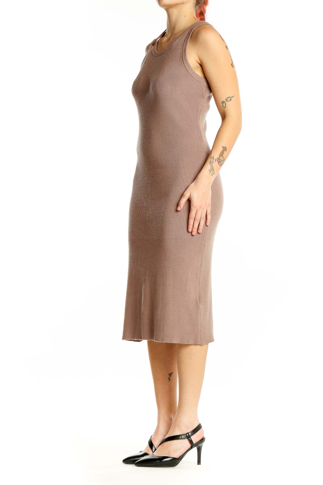 Front view of Rachel Zoe taupe ribbed bodycon midi dress