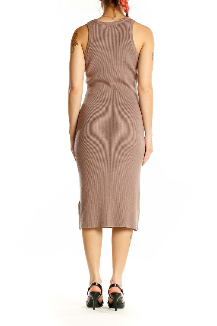 Back view of Rachel Zoe taupe ribbed bodycon midi dress