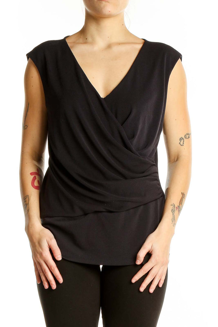 Front view of Ann Taylor black draped V-neck sleeveless top