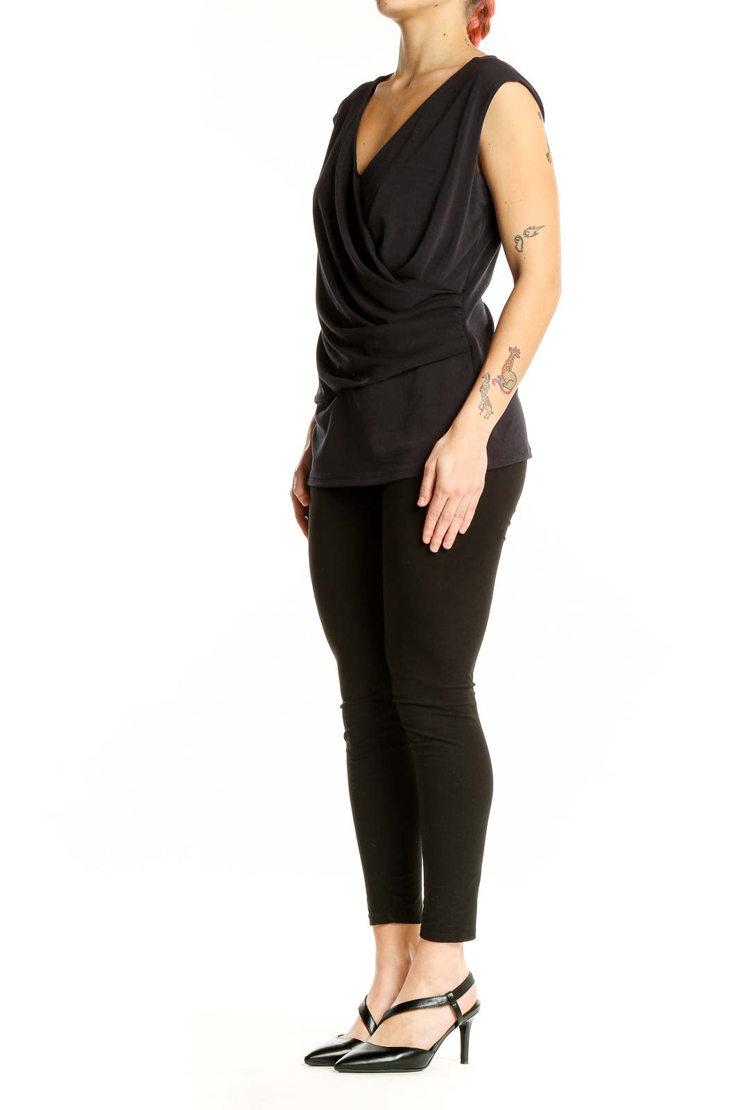 Front view of Ann Taylor black draped V-neck sleeveless top