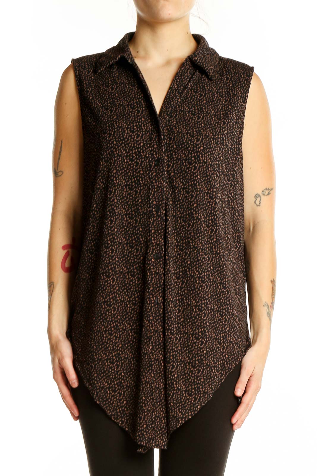 Front view of Adrianna Papell black sleeveless blouse with brown dots