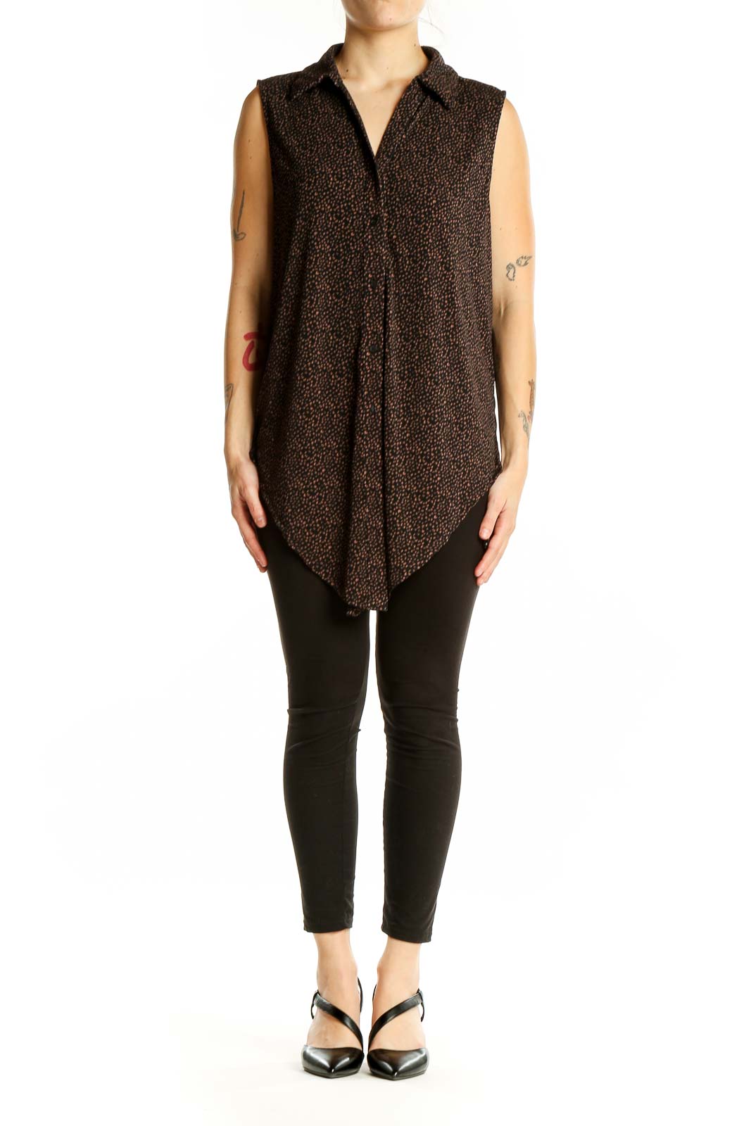 Front view of Adrianna Papell black sleeveless blouse with brown dots