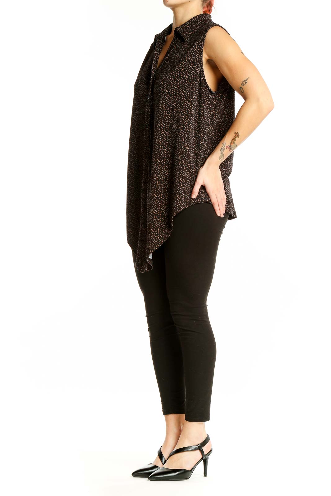 Front view of Adrianna Papell black sleeveless blouse with brown dots