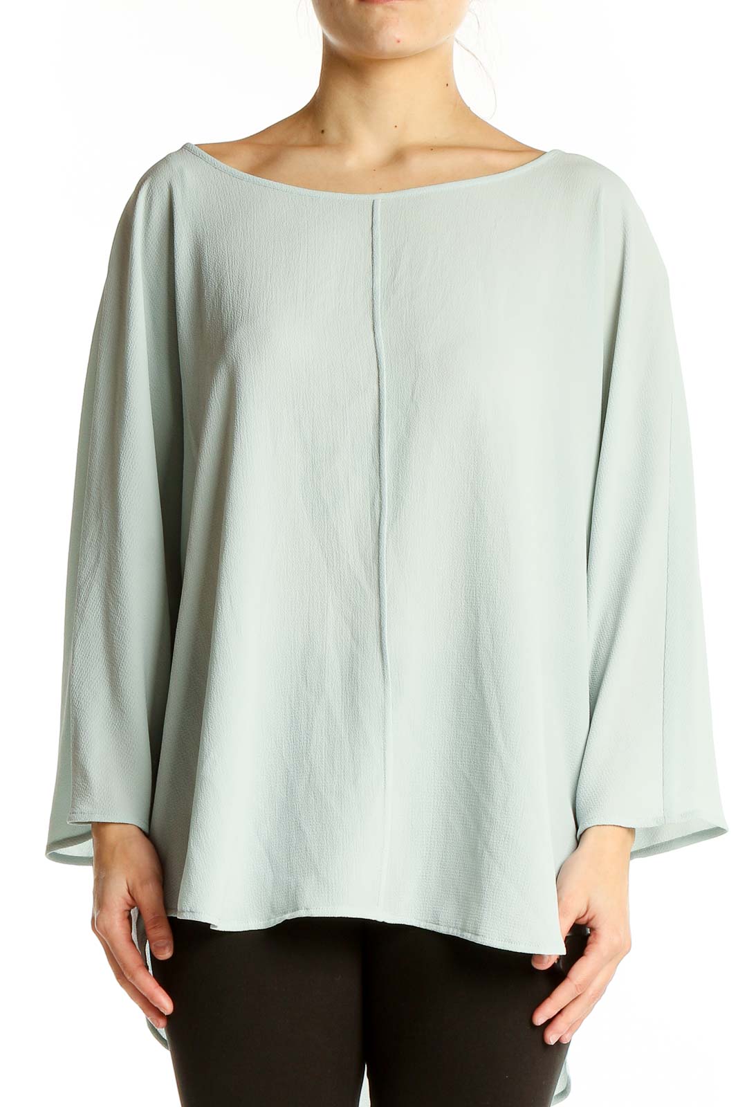 Front view of Vince Camuto mint green oversized top with batwing sleeves