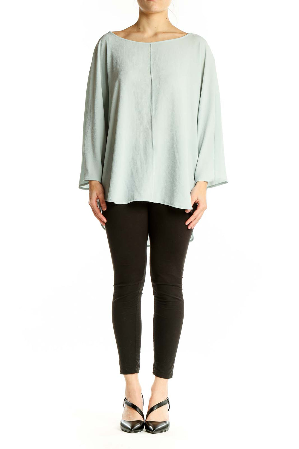 Front view of Vince Camuto mint green oversized top with batwing sleeves