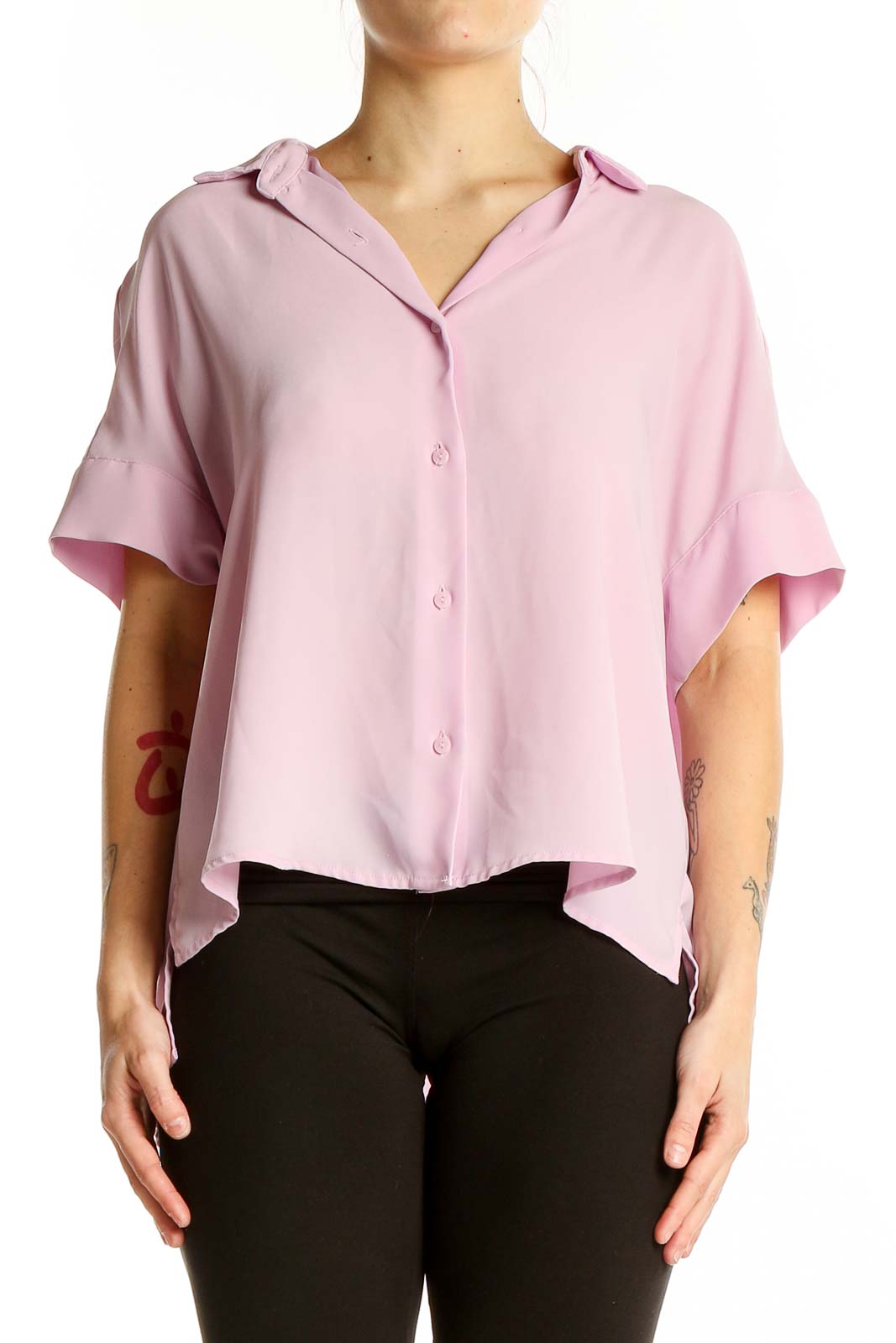 Front view of Rachel Zoe pink oversized button-down blouse