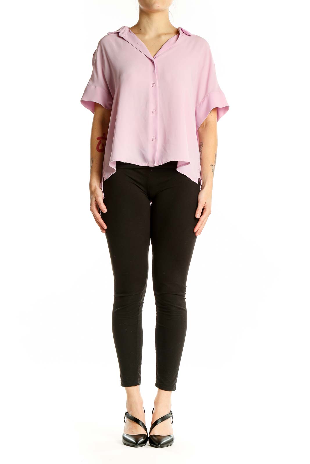 Front view of Rachel Zoe pink oversized button-down blouse