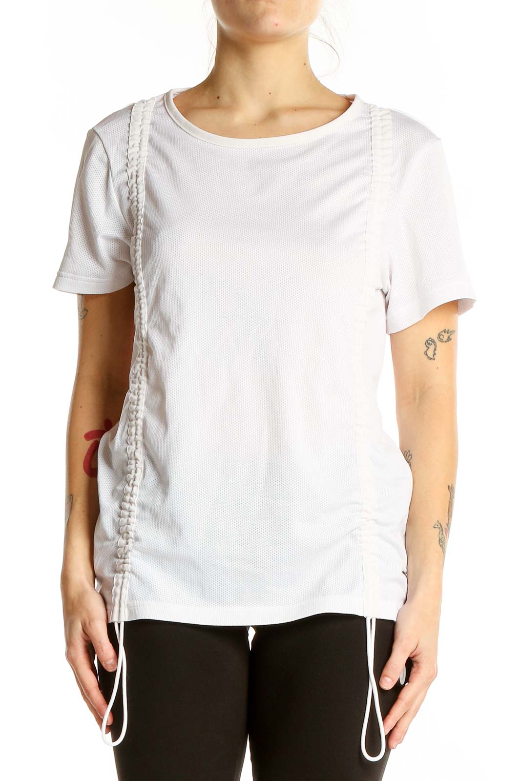 Front view of white Adidas performance t-shirt with side ruching