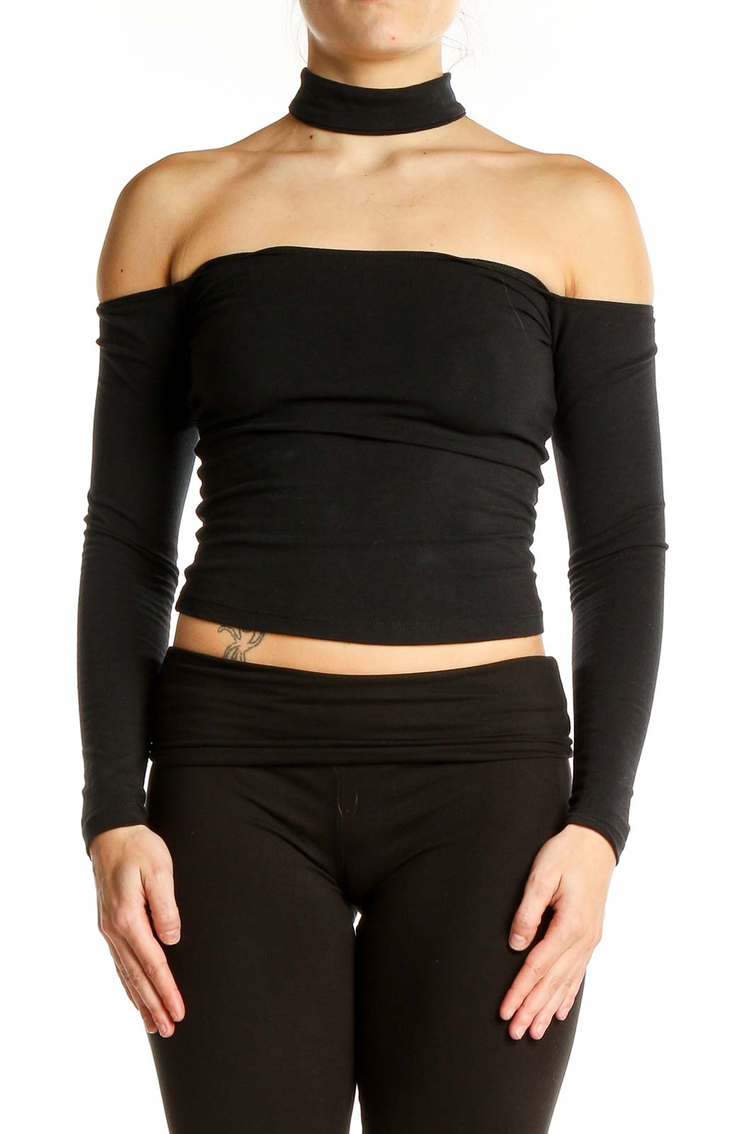 Front view of black off-shoulder choker crop top from American Apparel