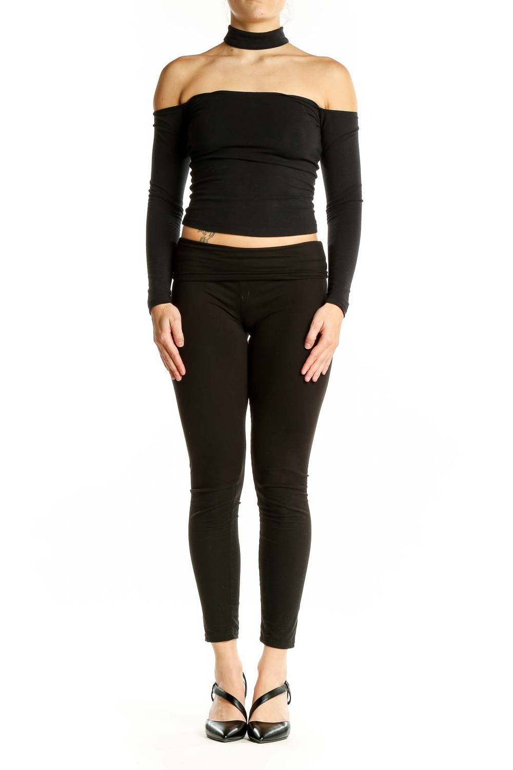 Front view of black off-shoulder choker crop top from American Apparel