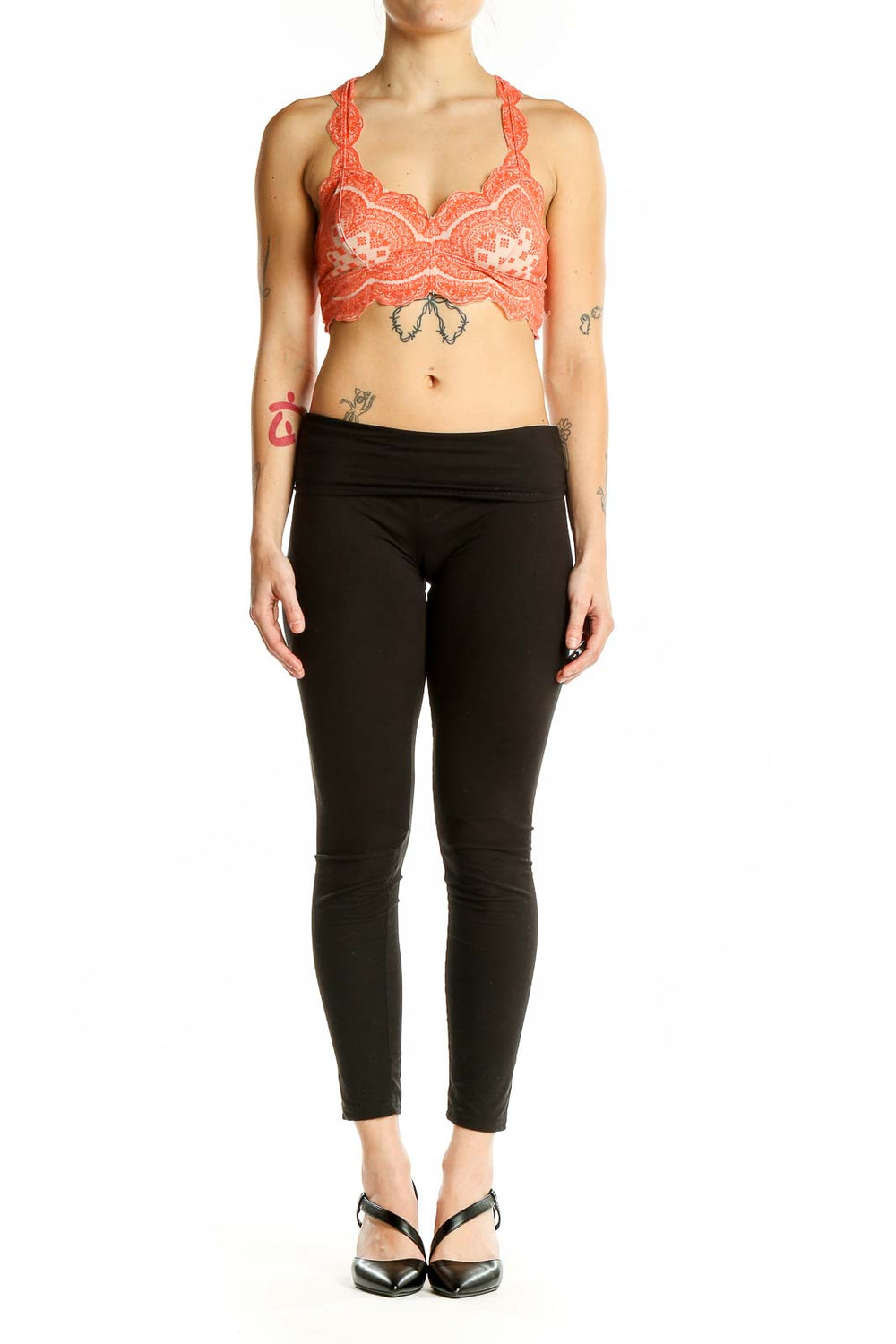 Front view of coral lace racerback bralette by Intimately Free People