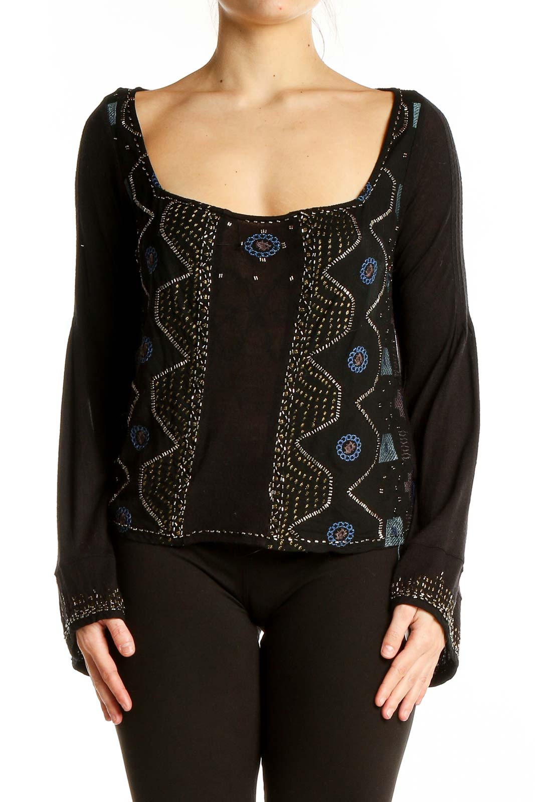 Front view of Free People black embroidered crop top with scoop neckline