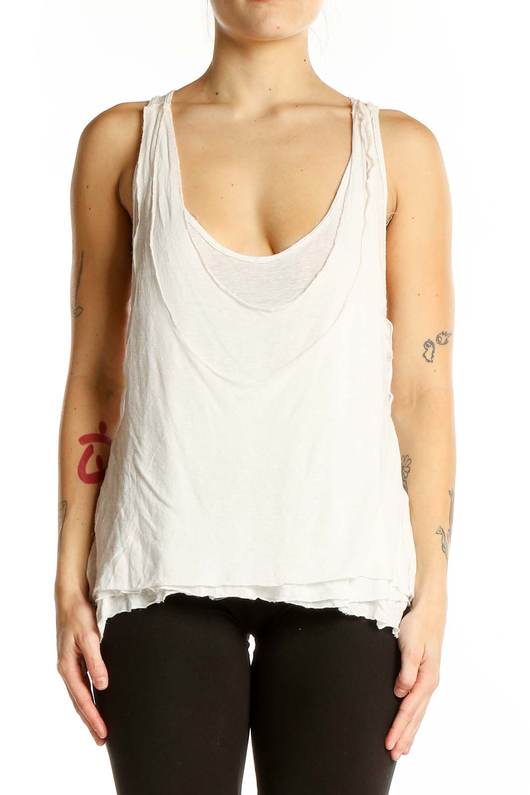 Front view of white linen-blend sleeveless tank top with scoop neck