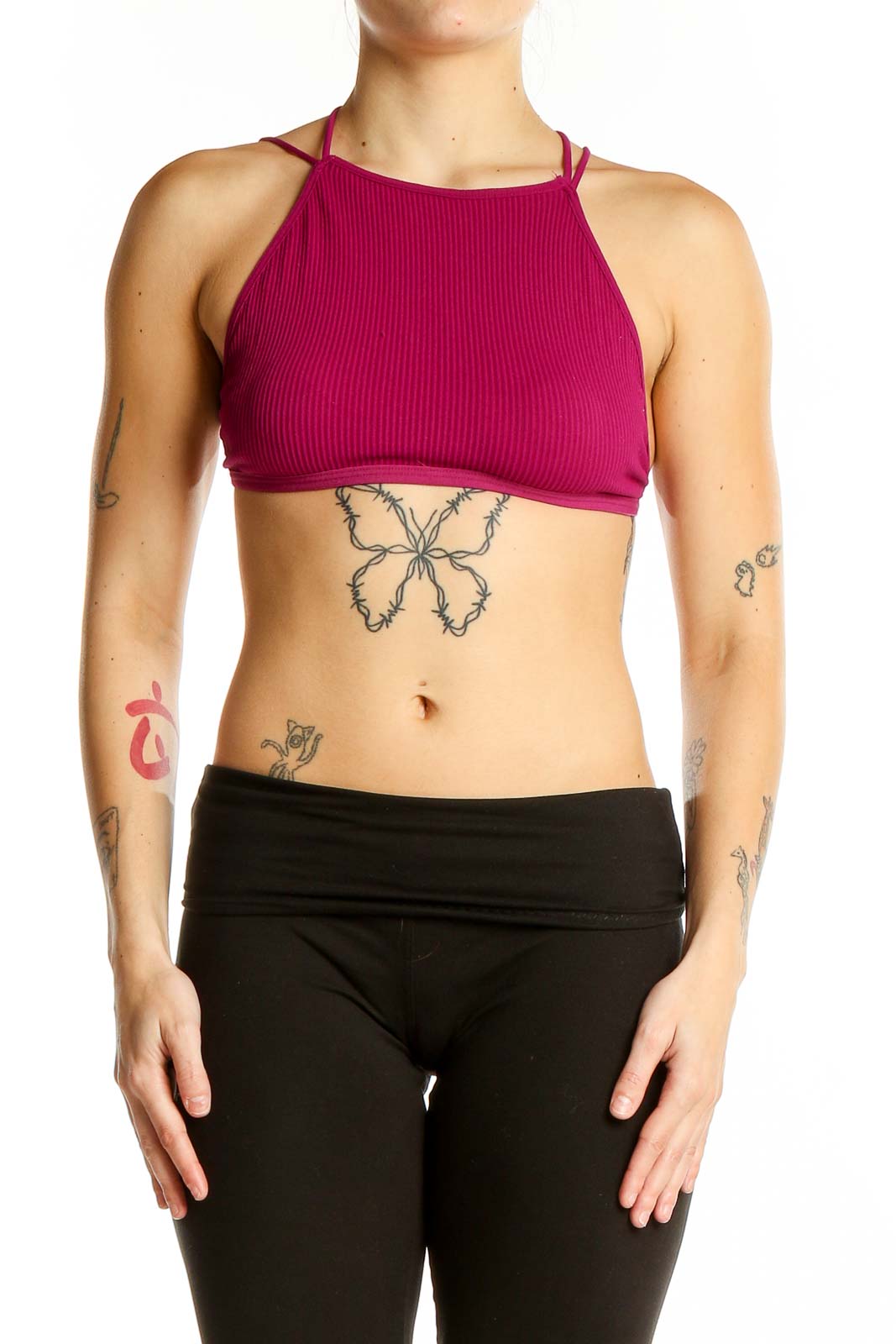 Front view of magenta ribbed crop top with high neckline and spaghetti straps