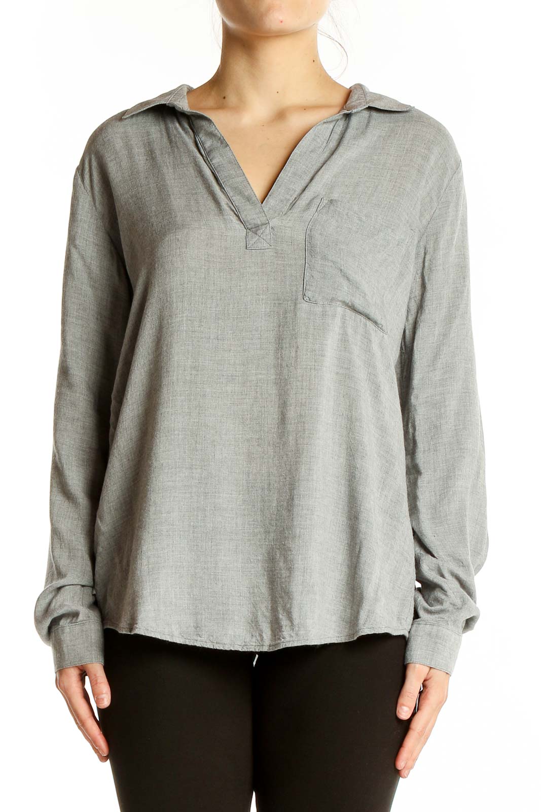 Front view of gray viscose v-neck long sleeve top by cloth & stone