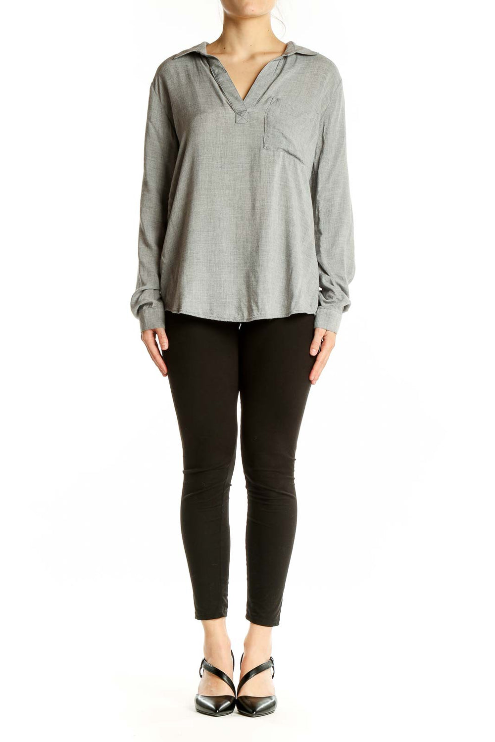 Front view of gray viscose v-neck long sleeve top by cloth & stone