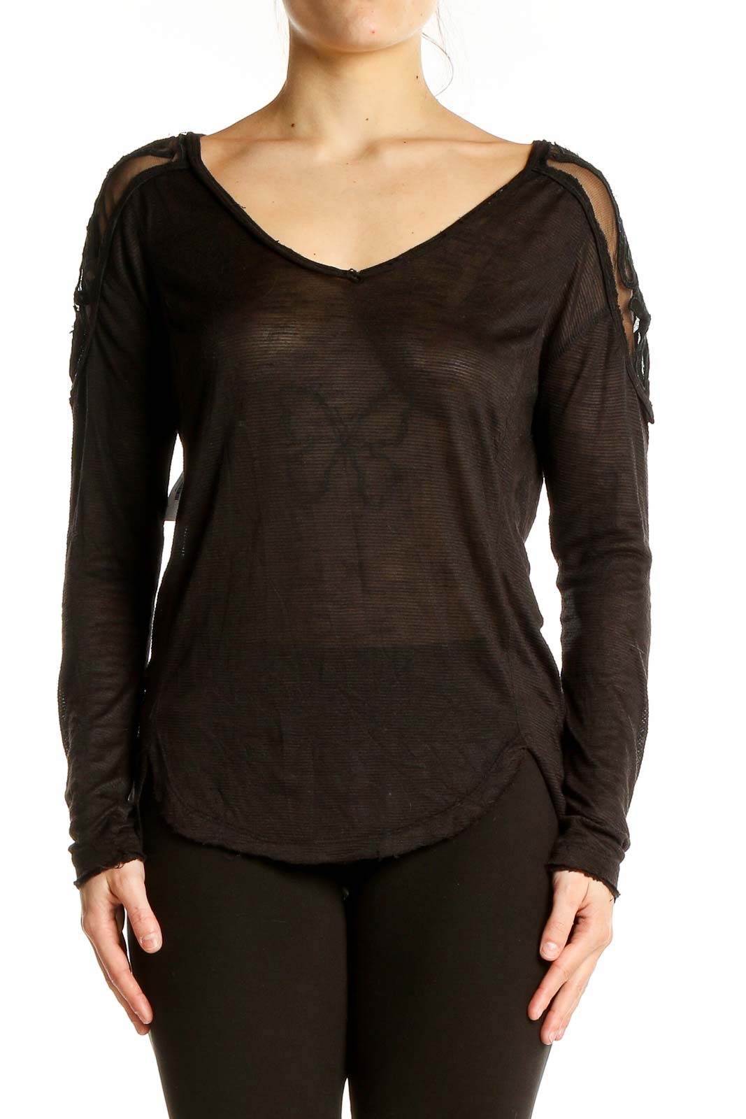 Front view of Free People black sheer long sleeve V-neck top