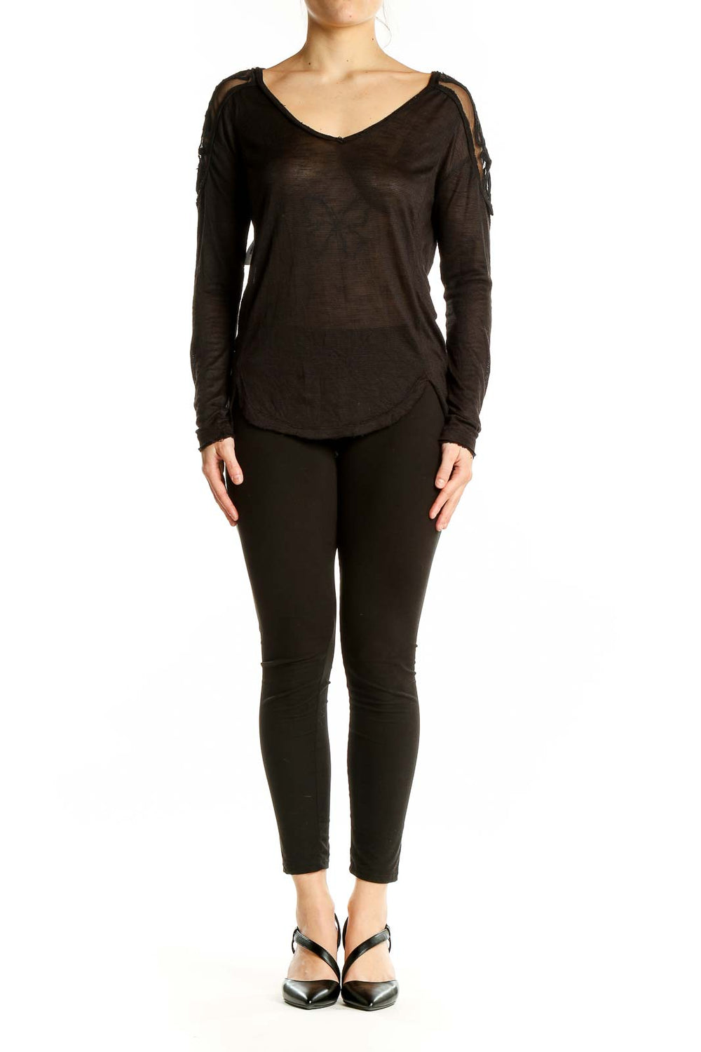 Front view of Free People black sheer long sleeve V-neck top