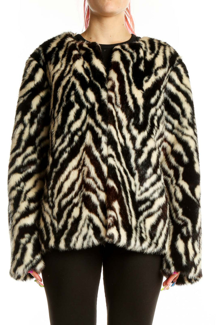 Black White Tiger Print Faux Fur Coat