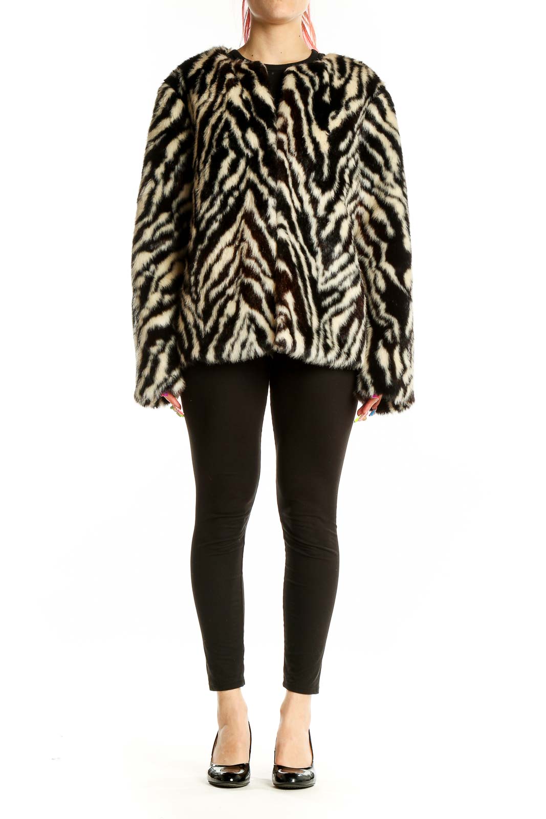 Black White Tiger Print Faux Fur Coat