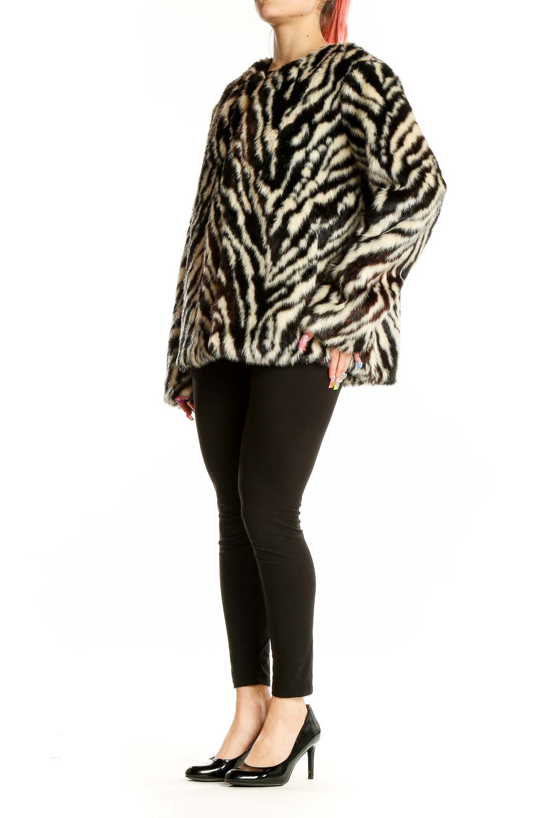 Black White Tiger Print Faux Fur Coat