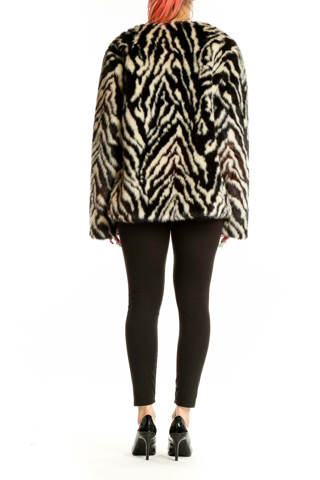 Black White Tiger Print Faux Fur Coat