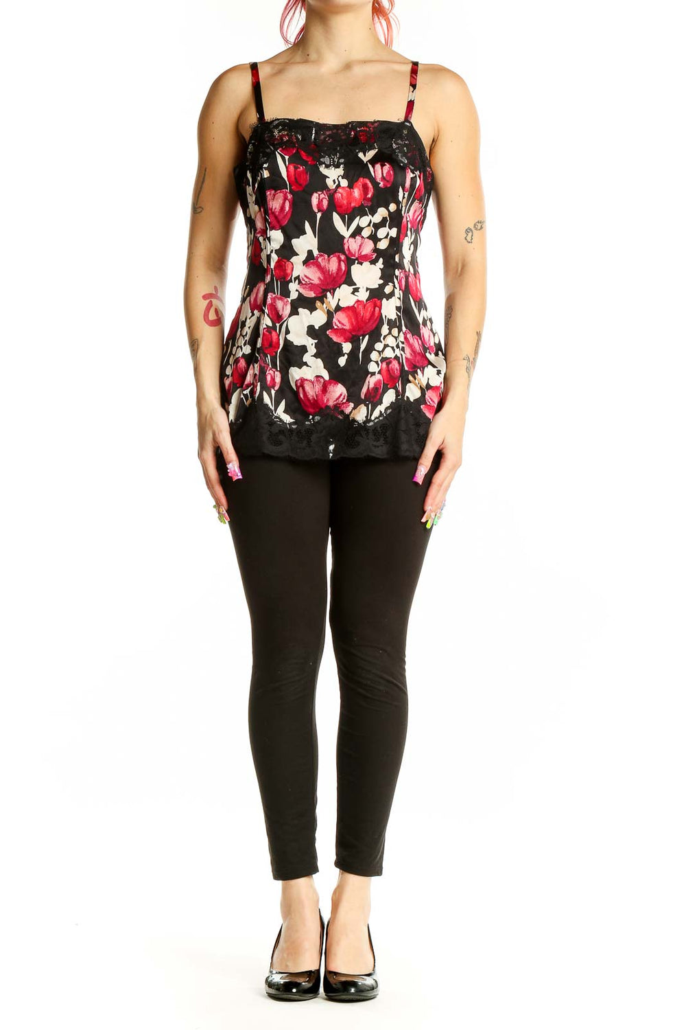 Front view of Black Floral Print Camisole Top from White House Black Market