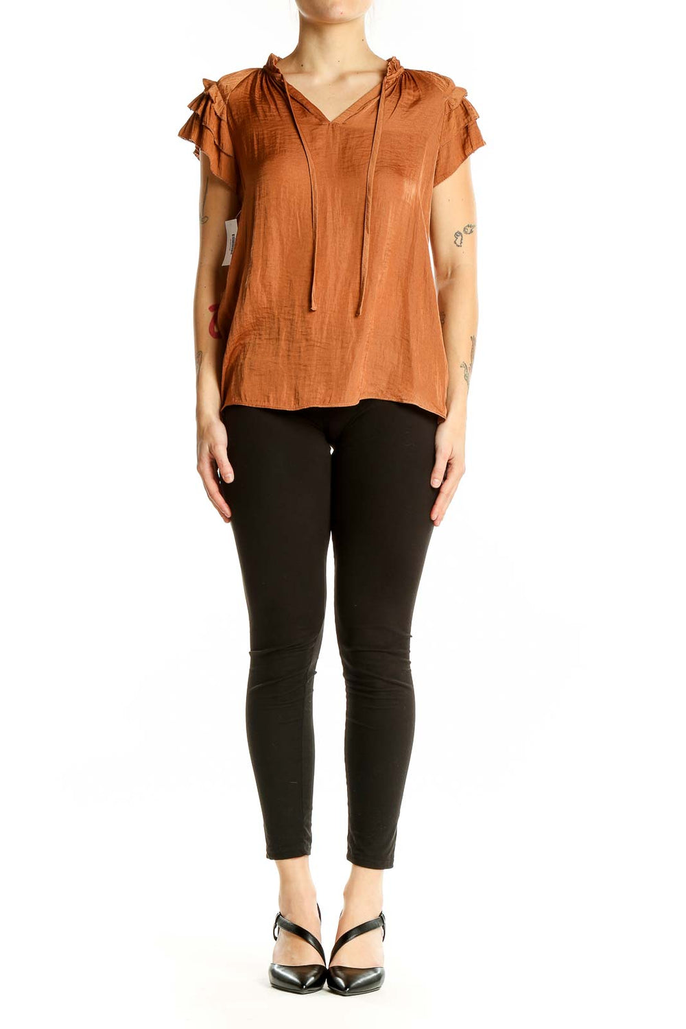 Front view of Rachel Zoe terracotta blouse with V-neck and ruffled cap sleeves