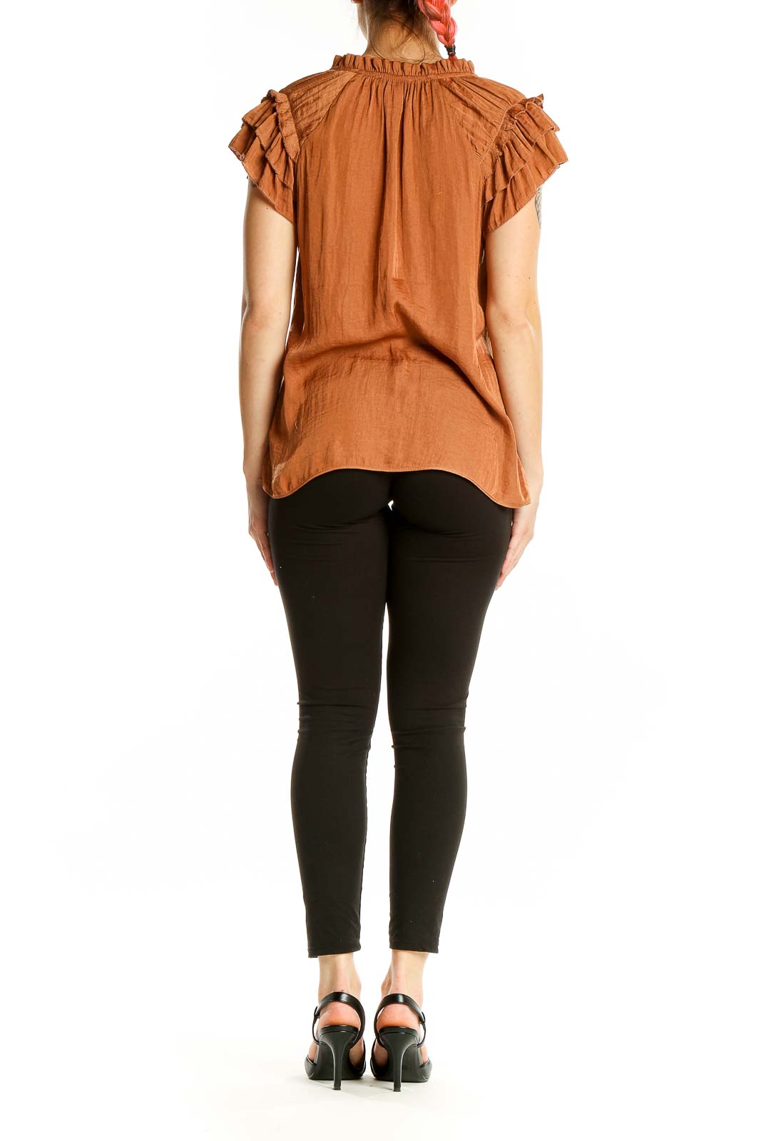 Back view of Rachel Zoe terracotta blouse showing flowy silhouette and ruffled details