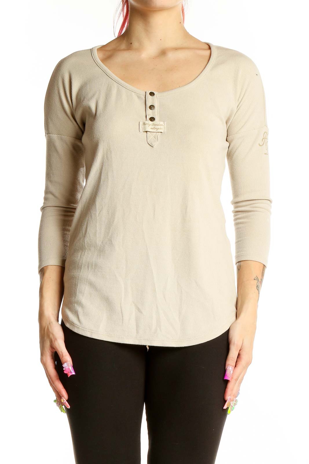 Front view of beige ribbed Harley Davidson Henley top