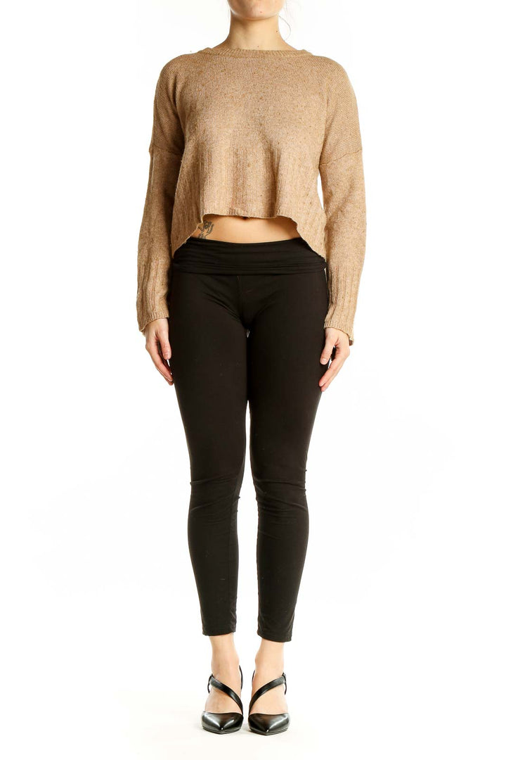 Front view of Madewell camel cropped knit sweater