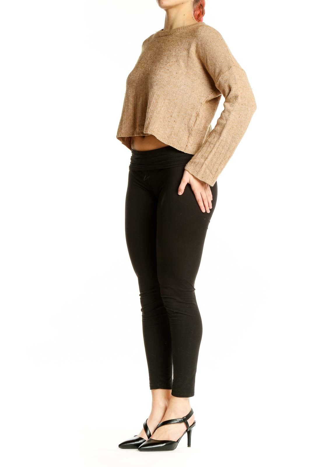 Front view of Madewell camel cropped knit sweater