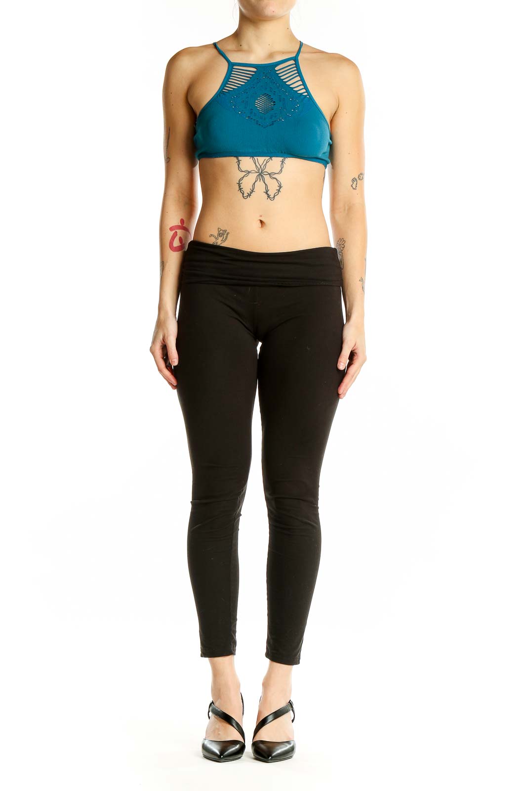 Front view of teal cutout halter crop top by Intimately Free People