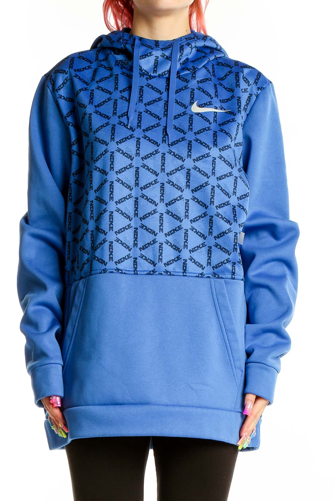 Front view of blue Nike activewear hoodie with geometric pattern