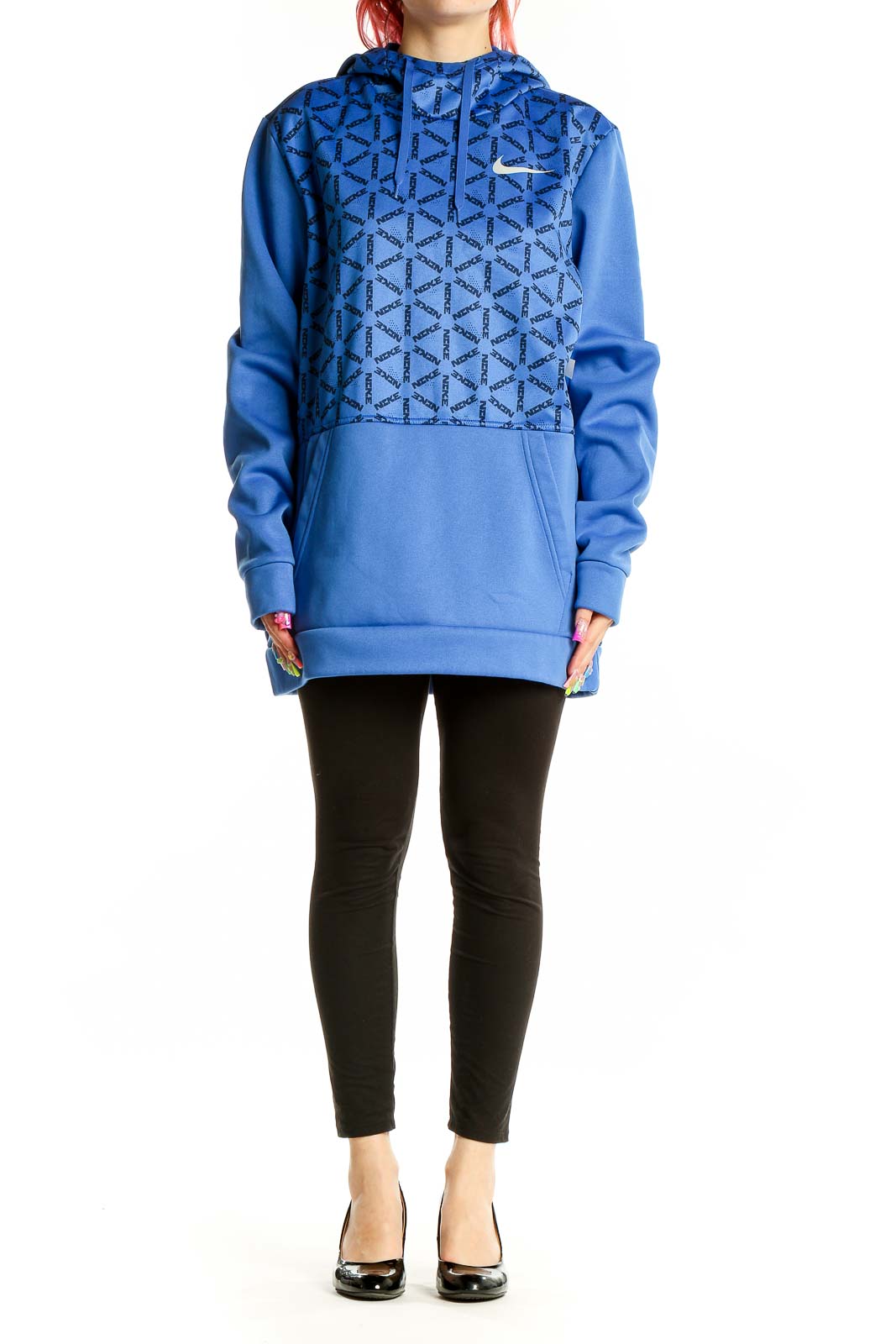 Front view of blue Nike activewear hoodie with geometric pattern