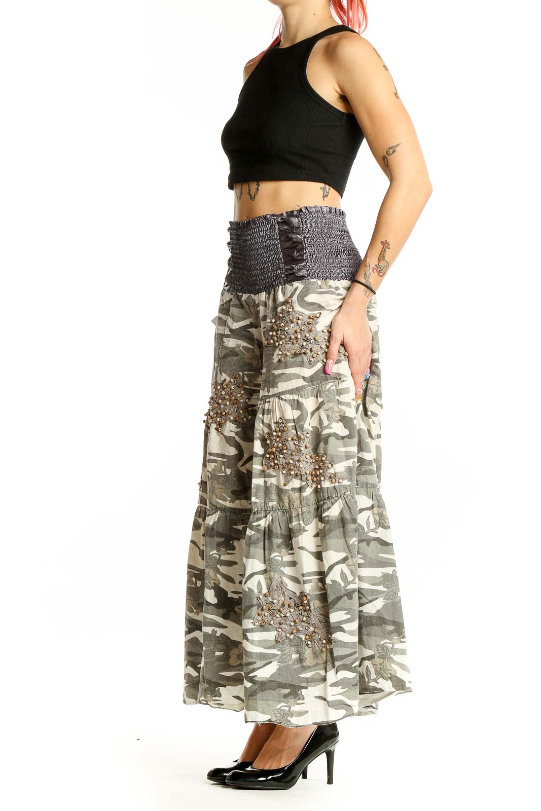 Gray Beige Camouflage Wide Leg Pants