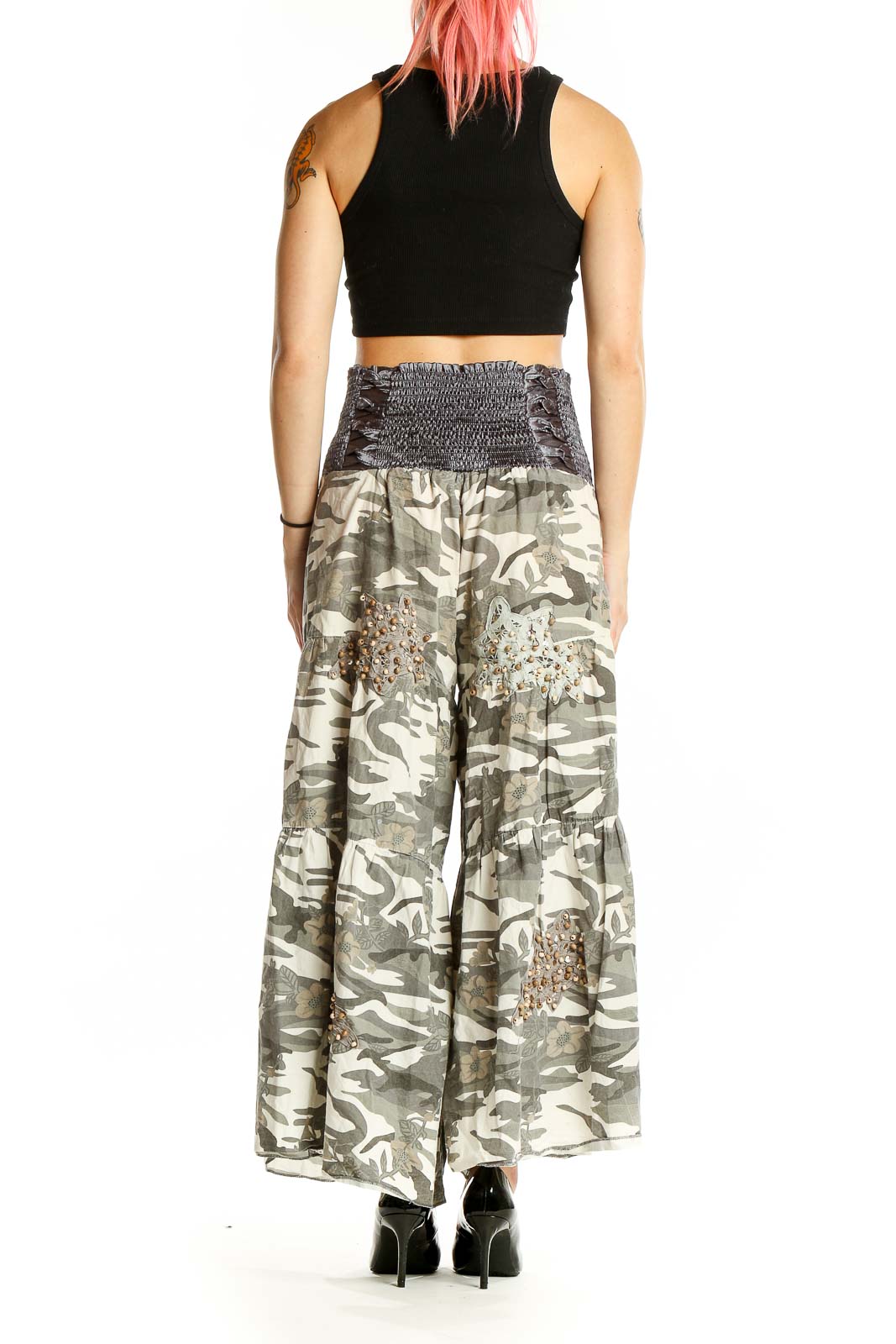 Gray Beige Camouflage Wide Leg Pants