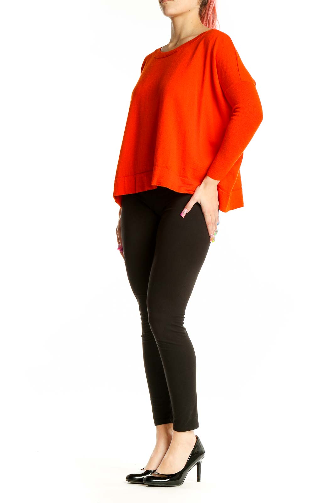 Front view of red J.Crew merino wool crewneck sweater on model