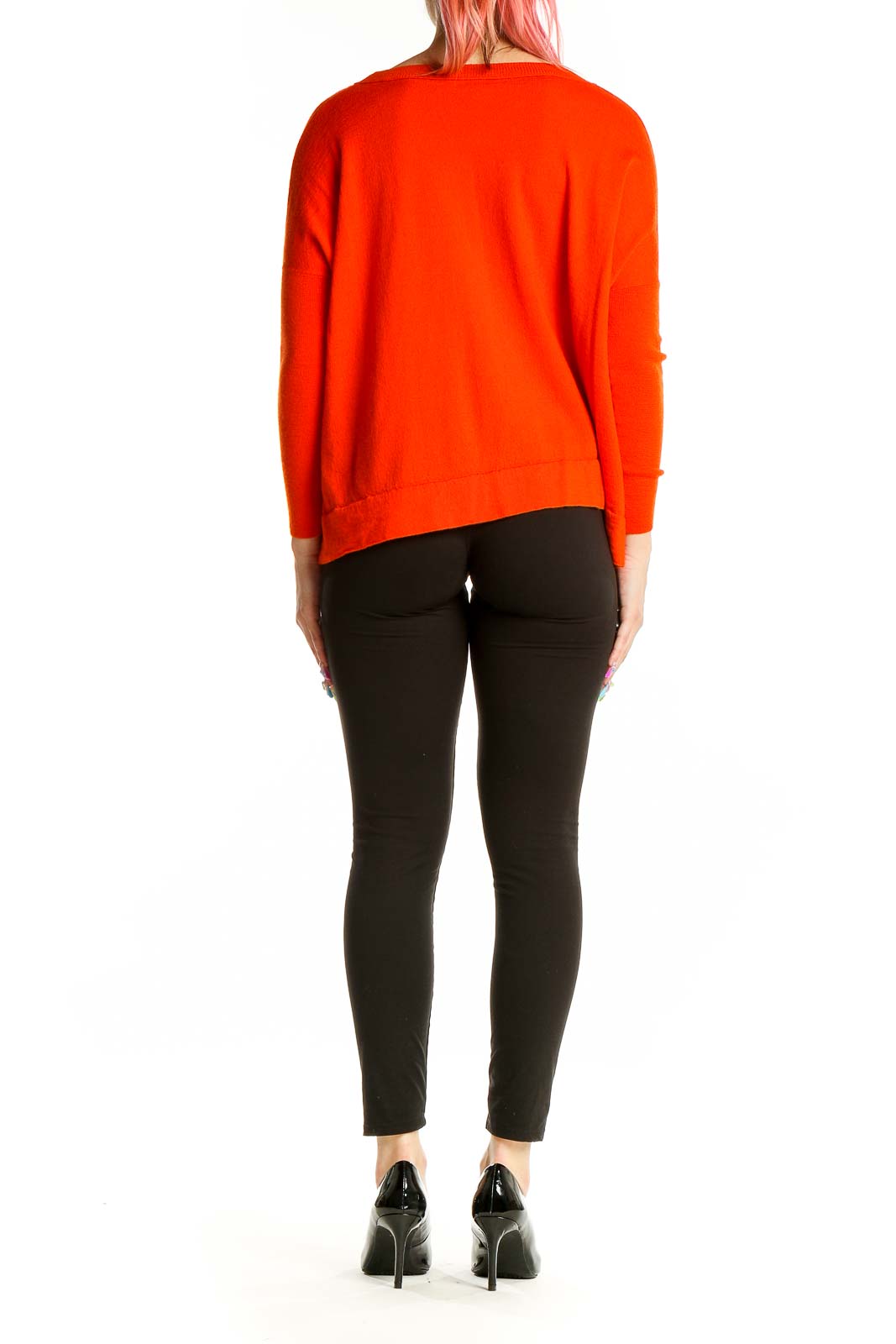 Back view of red J.Crew merino wool crewneck sweater on model