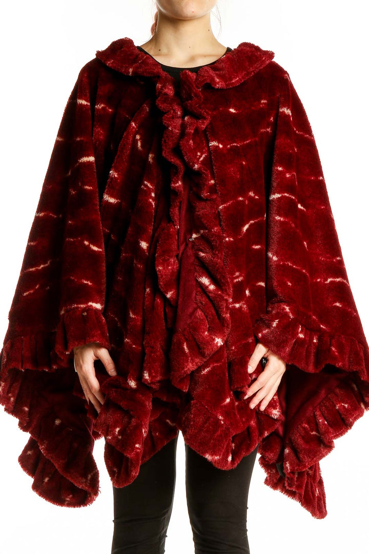 Front view of Adrienne Landau red faux fur ruffled cape coat with marbled pattern