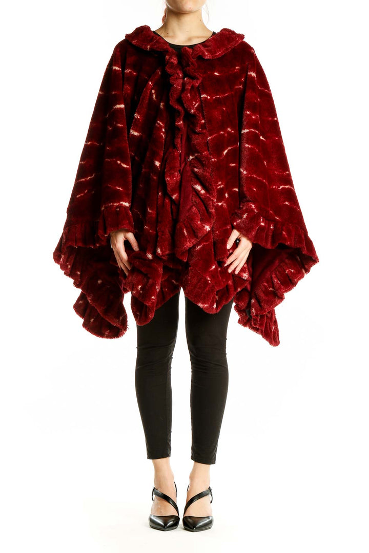 Front view of Adrienne Landau red faux fur ruffled cape coat with marbled pattern