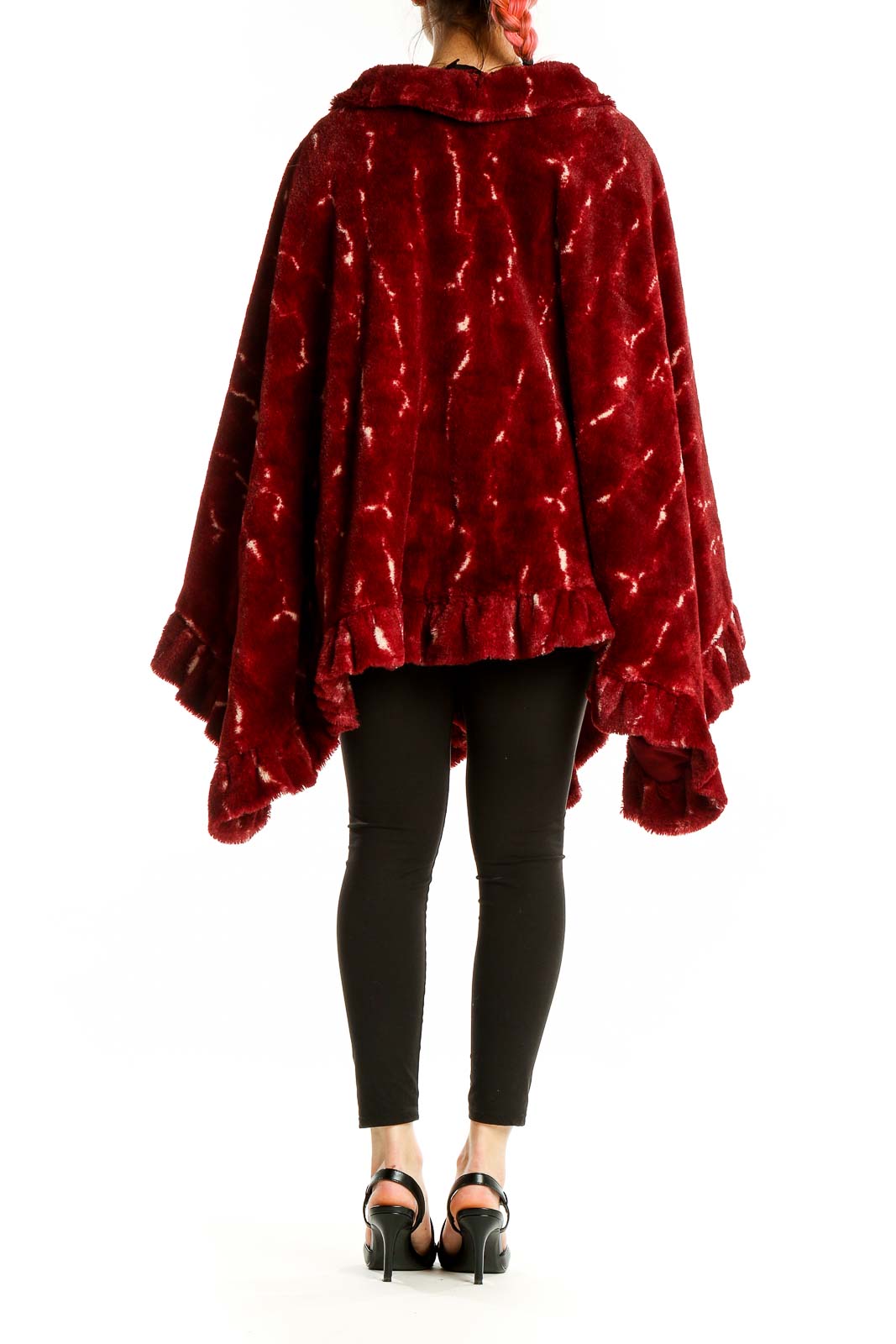 Back view of Adrienne Landau red faux fur ruffled cape coat showing marbled pattern and drape