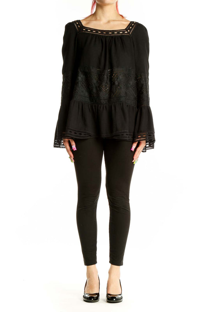 Front view of Max Studio black lace-trimmed blouse with bell sleeves