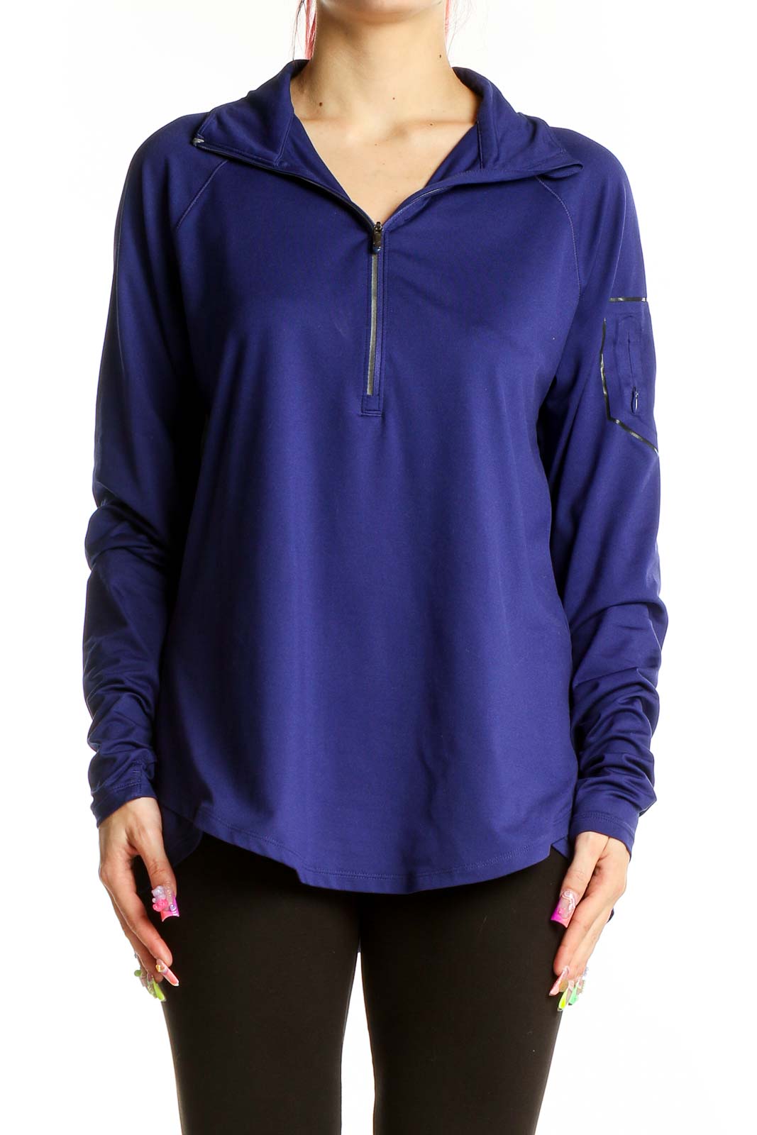 Front view of navy Under Armour half-zip athletic top