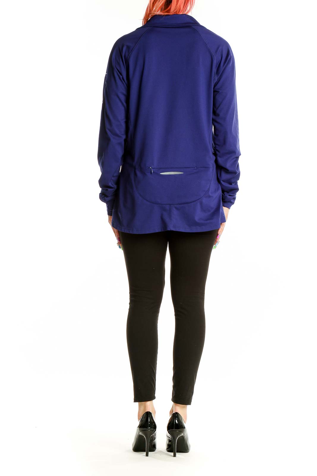 Back view of navy Under Armour half-zip athletic top with curved hemline